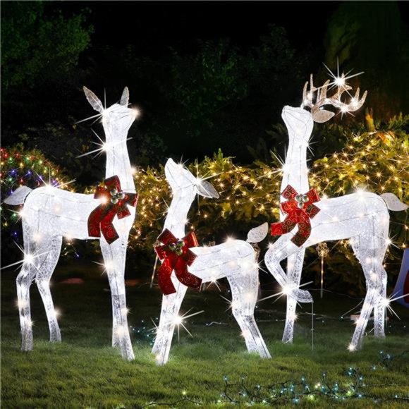 Set of 3 Pre-lit White Reindeer with 265 LEDs White Lights, 3D Light Up - Picture 1 of 6